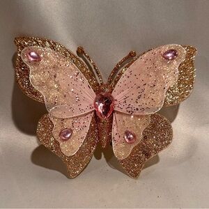 Sparkling Pink Gold Rhinestone Sequin Butterfly Clip Large Ornament or Brooch